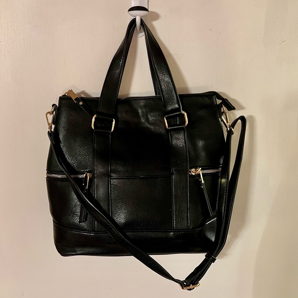 Madison West Black Faux Leather Material Shoulder Backpack with Gold Hardware